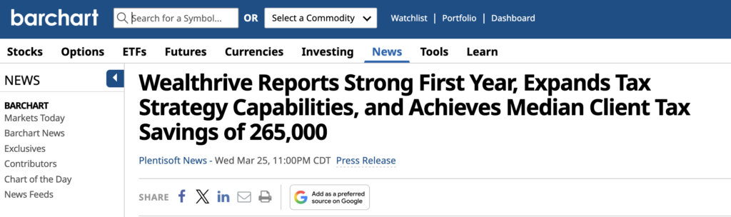 Wealthrive Reports Strong First Year, Expands Tax Strategy Capabilities, and Achieves Median Client Tax Savings of 265,000